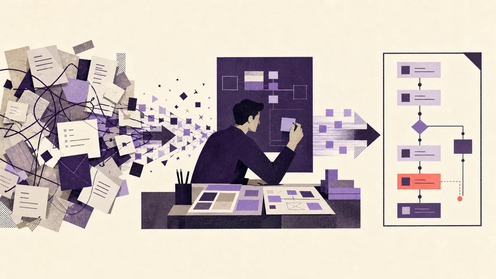 Editorial illustration of a tangled business workflow becoming a focused software prototype.