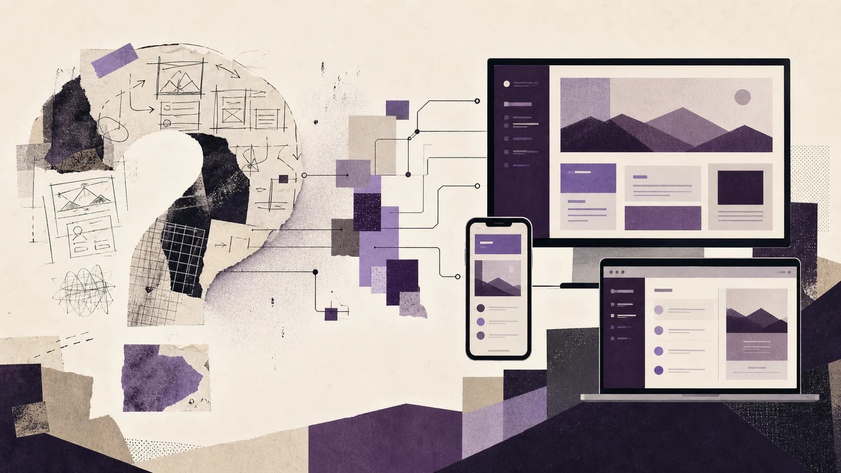 Editorial illustration of a rough app idea becoming a connected phone, browser, and shared-screen product.