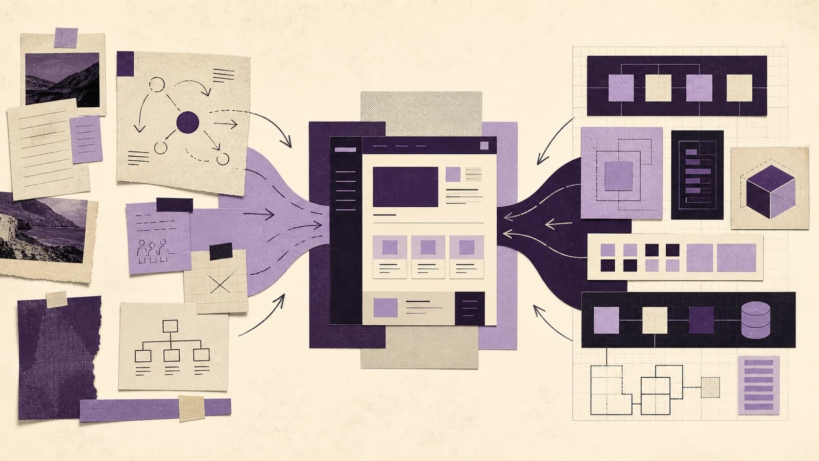 Editorial illustration of business workflow knowledge and engineering architecture aligning into one software product.