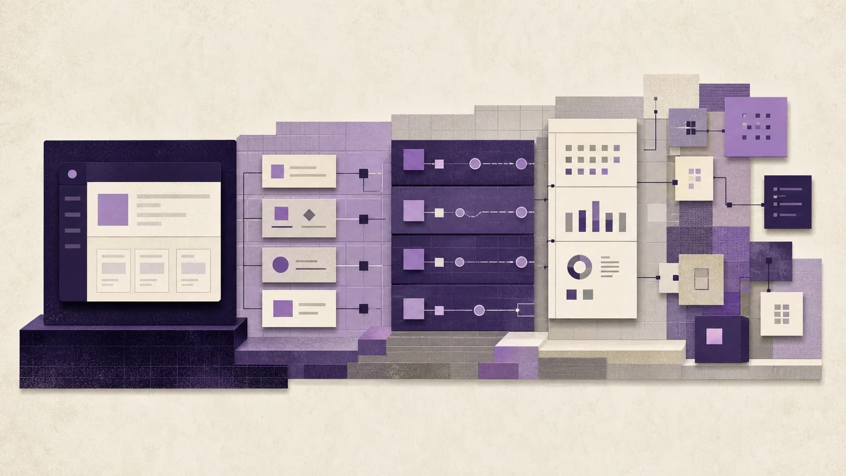 Editorial illustration of a stable software foundation expanding through deliberate modular stages.