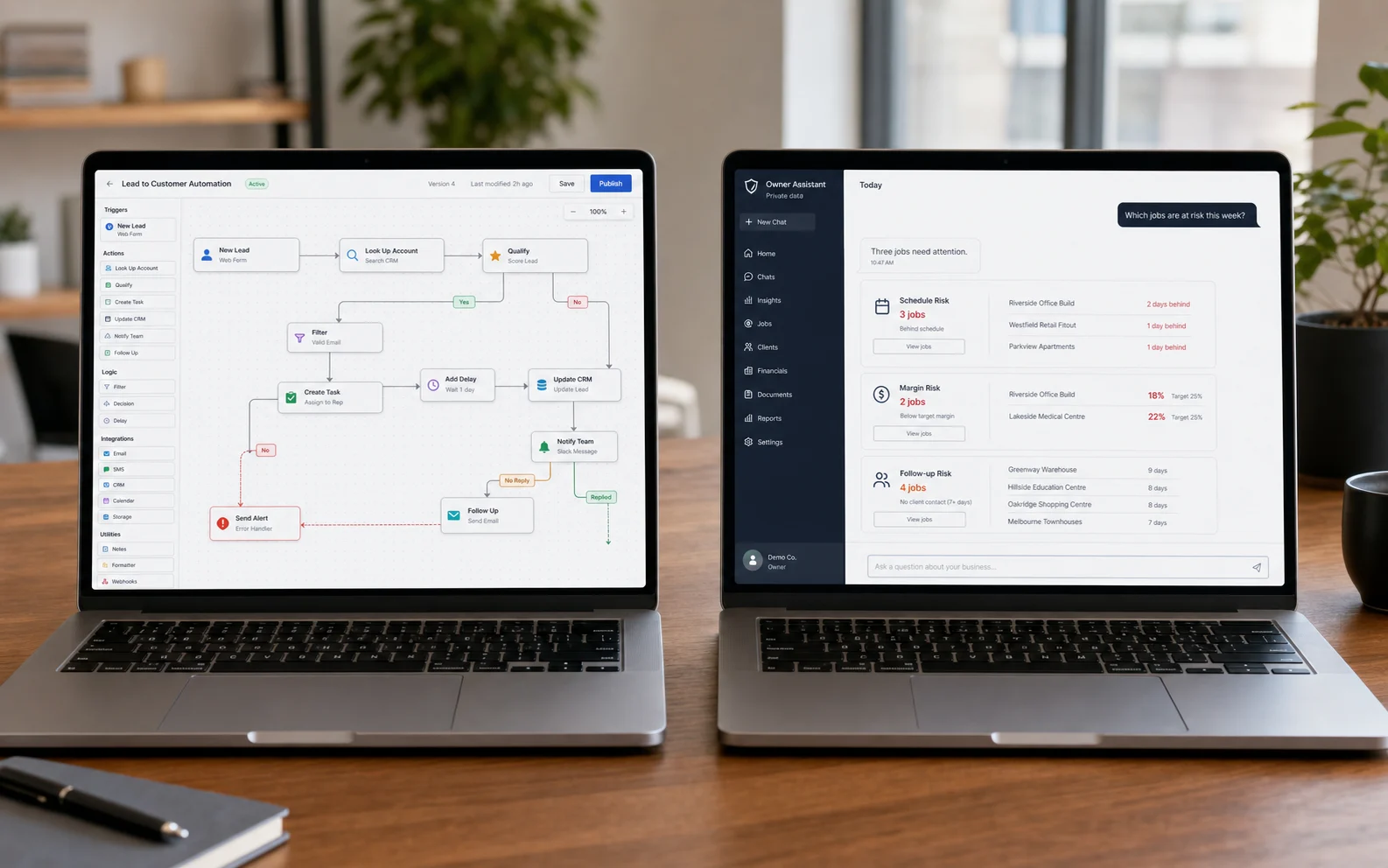 Concept automation workflow and private business-data assistant shown on two laptops
