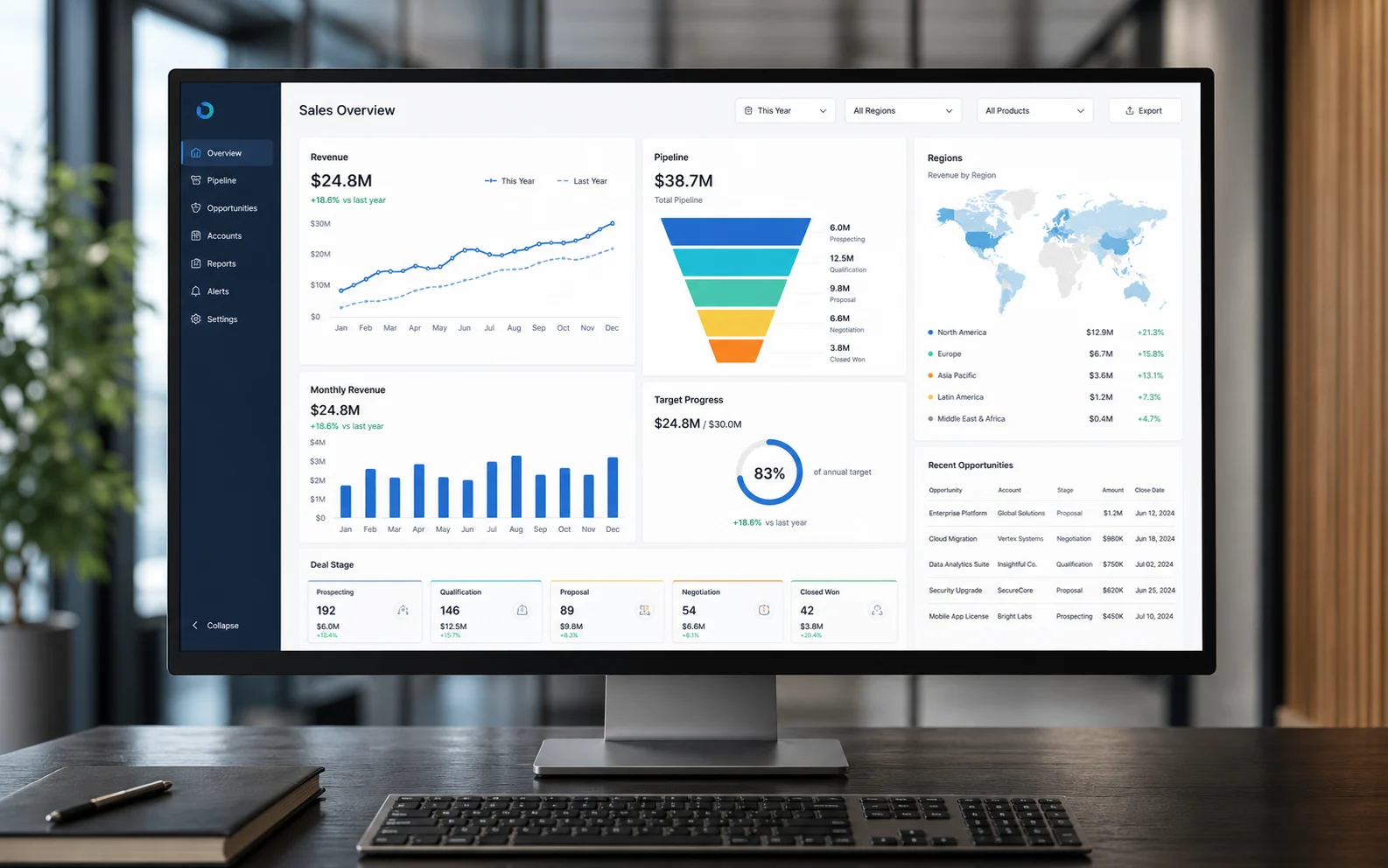 Concept sales dashboard with revenue, pipeline, regional, and opportunity reporting