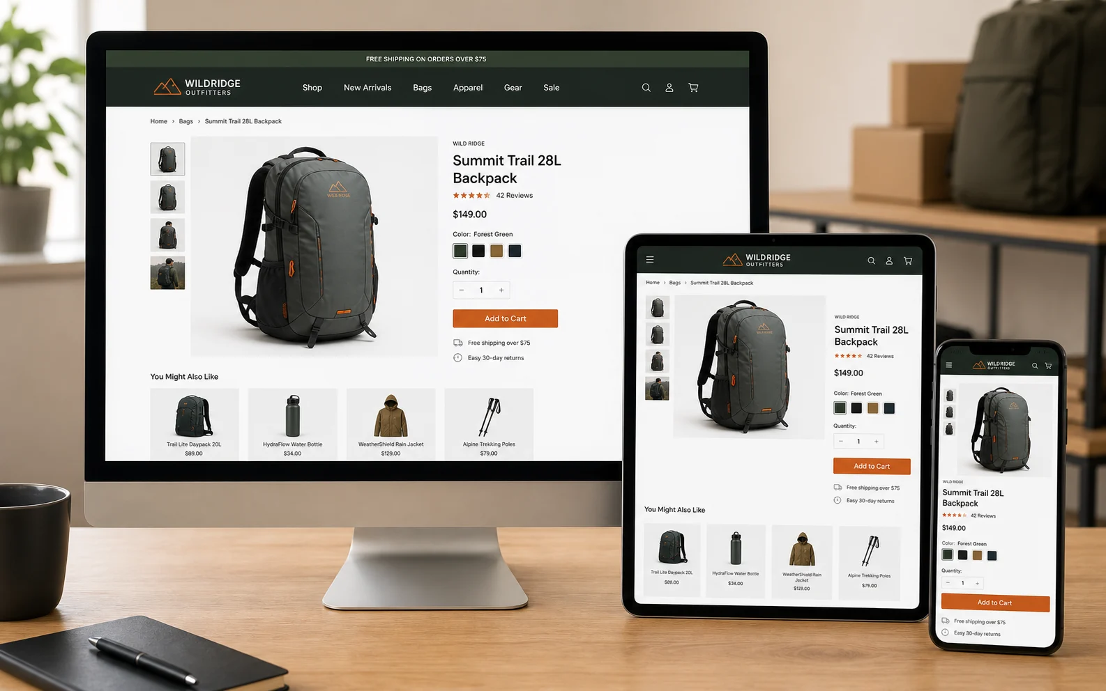 Concept ecommerce product shown responsively on desktop, tablet, and mobile screens