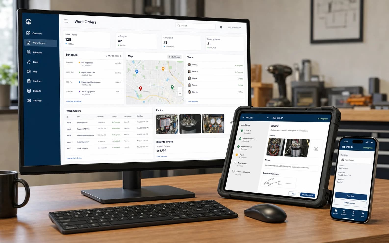 Concept operations software shown across a desktop dashboard, field-service tablet, and mobile phone